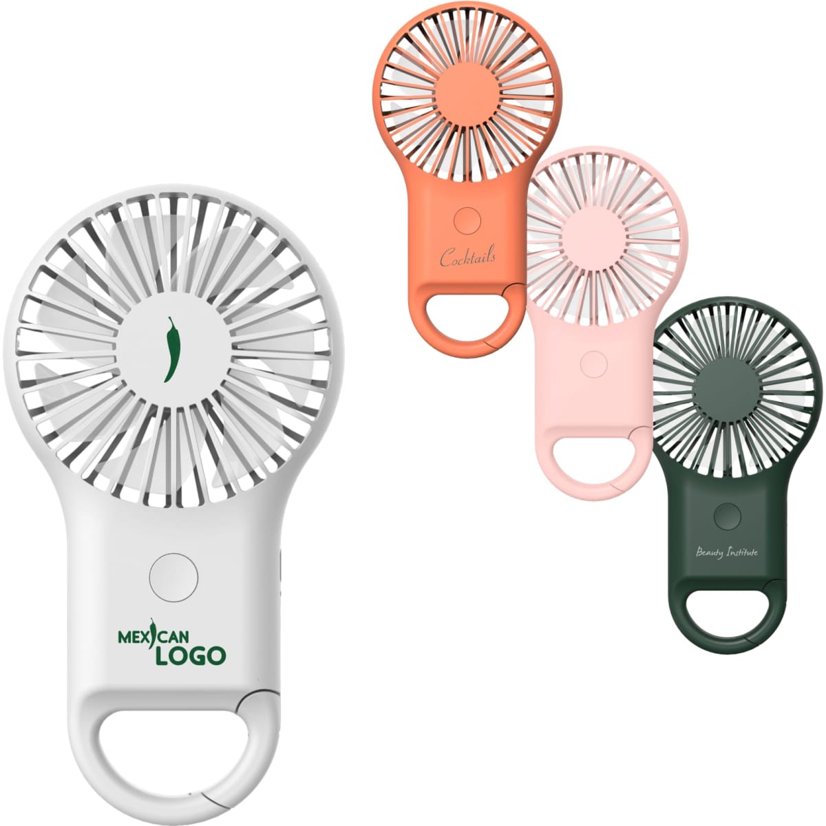 A set of four mini fans in white, coral, pink, and green, featuring a carabiner clip and a logo.