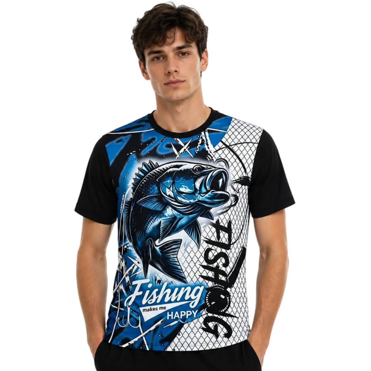 A men's fishing T-shirt featuring a vibrant blue and black design with a graphic of a fish and a logo.