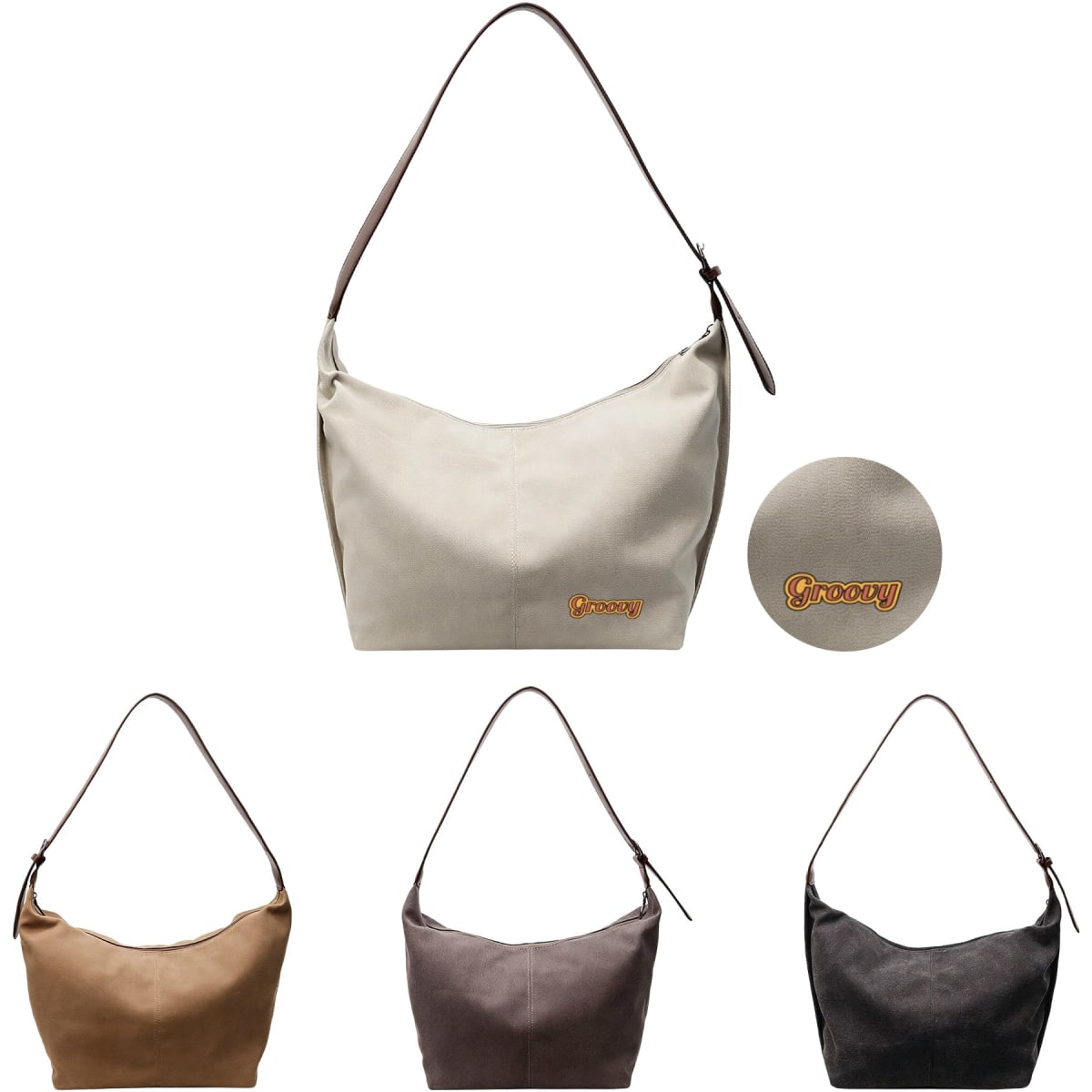 A canvas tote bag in cream, brown, grey, and black, featuring a logo. It has a shoulder strap for easy carrying.