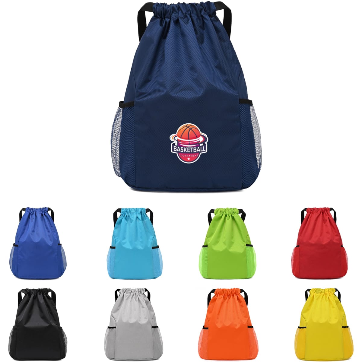 A blue drawstring backpack with a basketball logo, surrounded by other coloured backpacks in red, green, orange, and more.