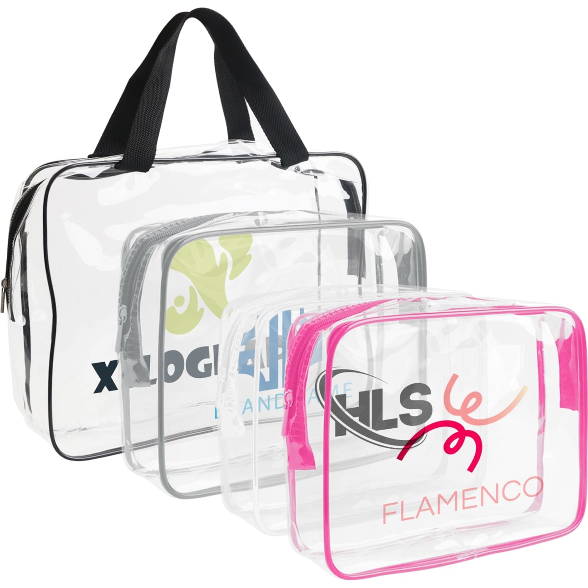 Clear toiletry bags in various sizes, featuring black handles and pink and grey trims, with logos on some bags.