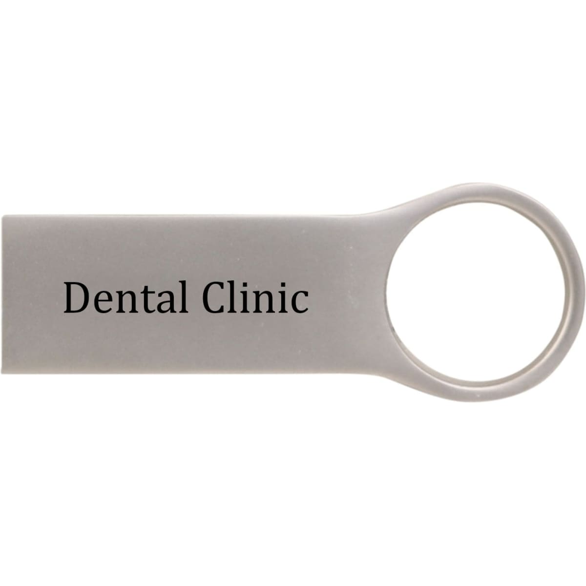 A grey USB flash drive with a circular loop for attachment, featuring text that reads "Dental Clinic."