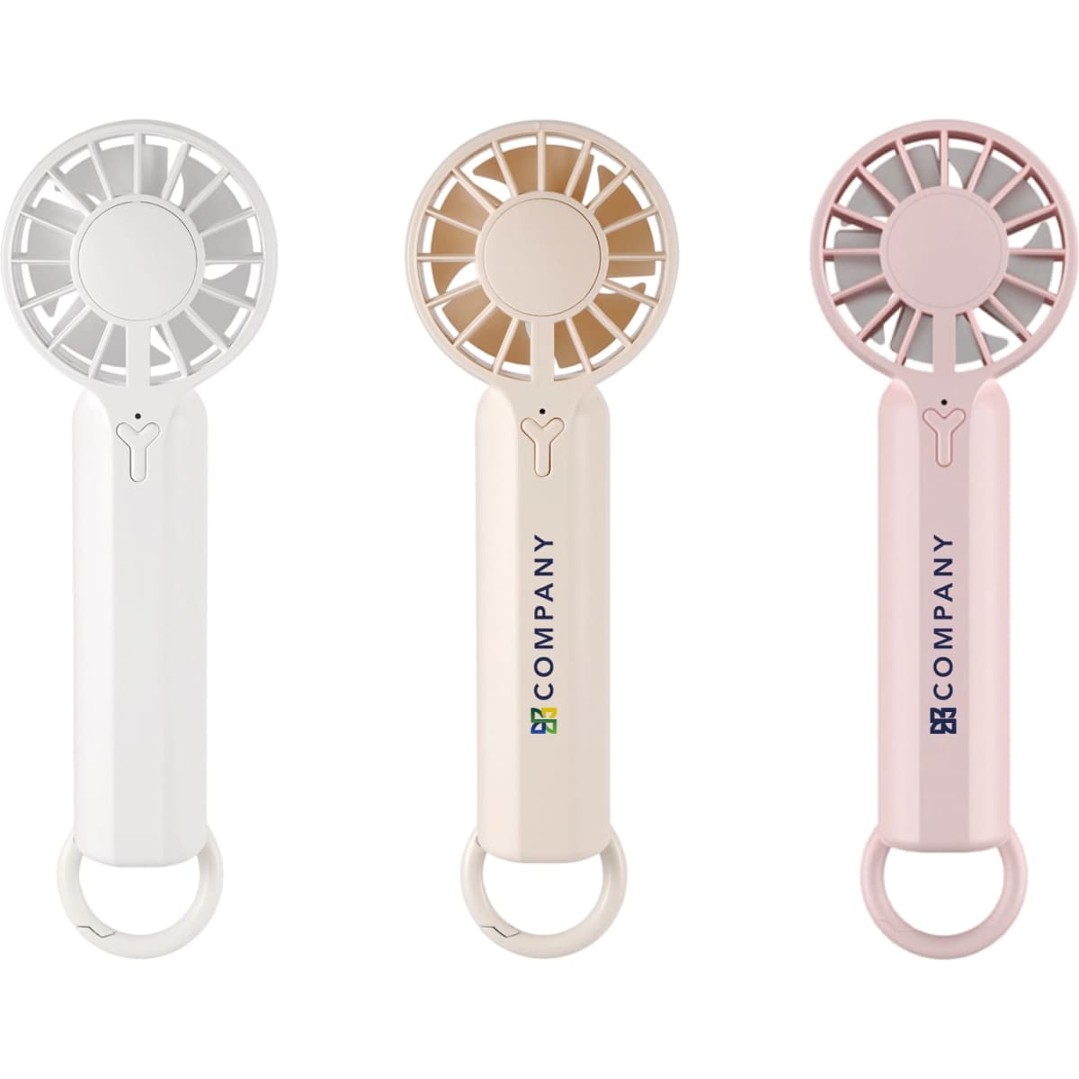 Three portable handheld fans in white, pink, and a muted beige, featuring a logo.
