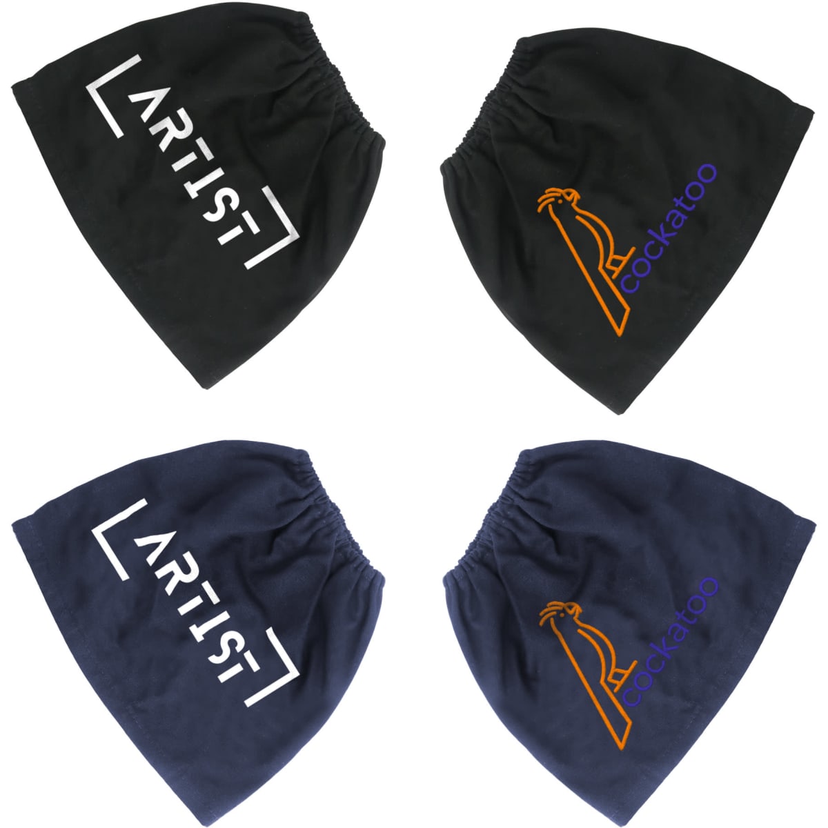 Boot covers in black and navy, featuring logos in white and orange, designed for footwear protection.