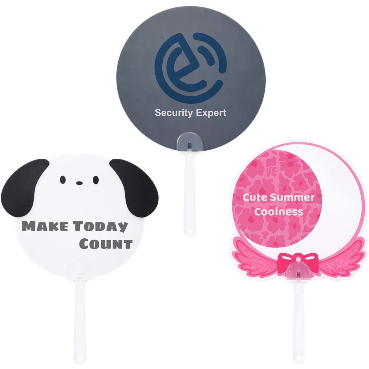 Three custom shape hand fans featuring a grey design, a dog design in white, and a pink design with decorative elements.