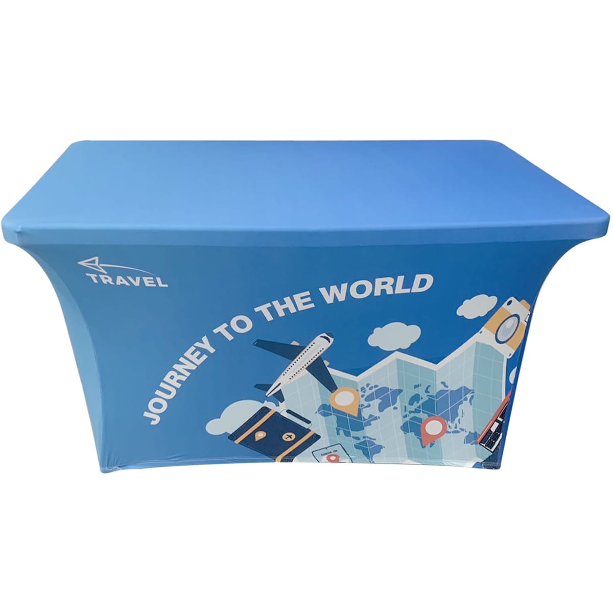 A blue stretch table cover with an open back, featuring travel-themed designs and a logo.