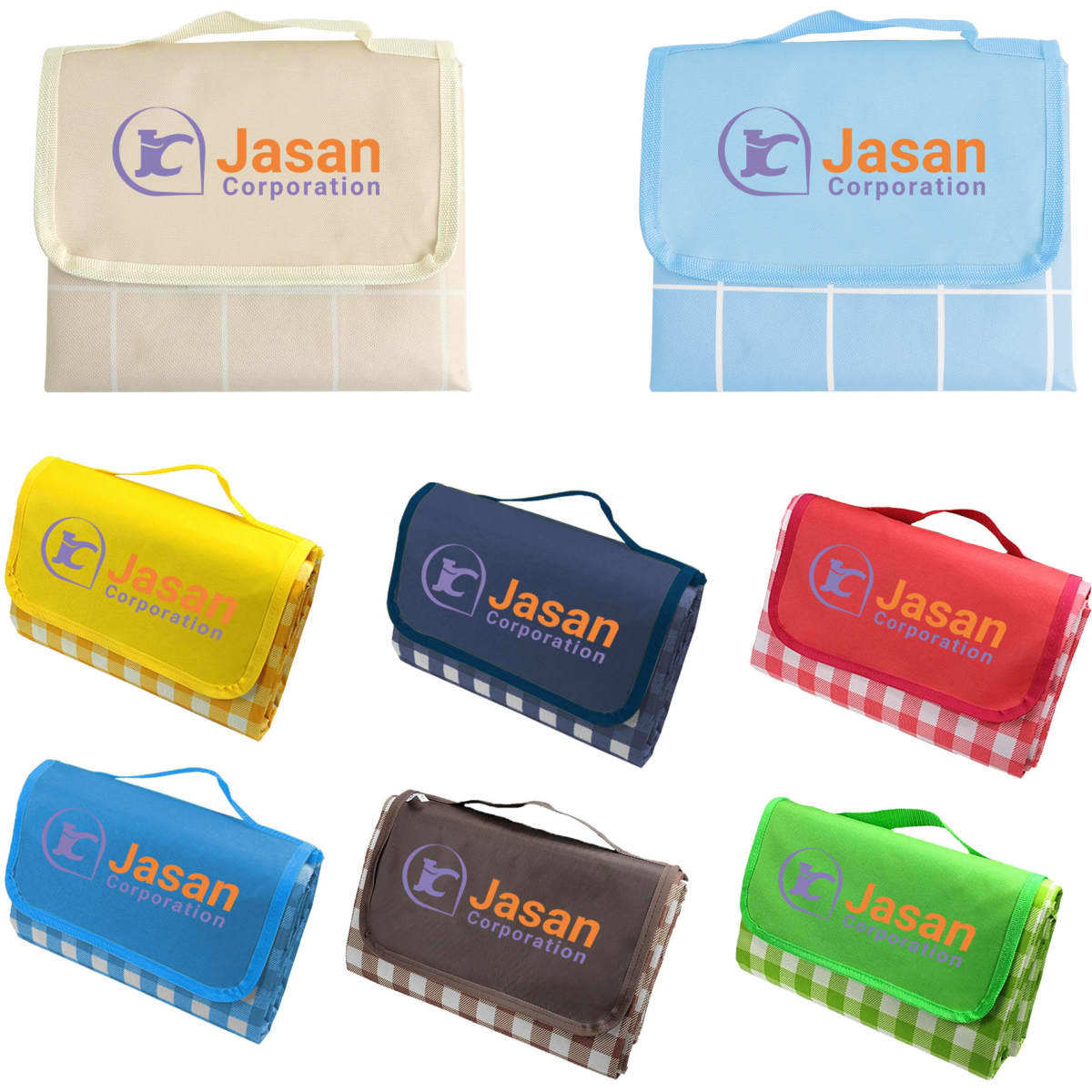 A collection of large picnic blankets in various colours including yellow, blue, red, and brown, each with a logo.