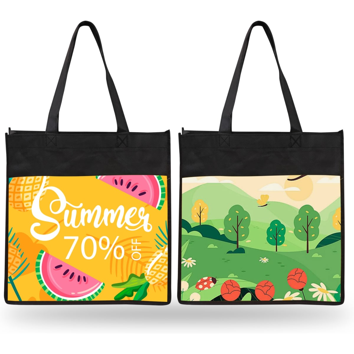 A wide non-woven tote bag featuring a vibrant summer-themed design on one side and a nature scene on the other, both with a logo.