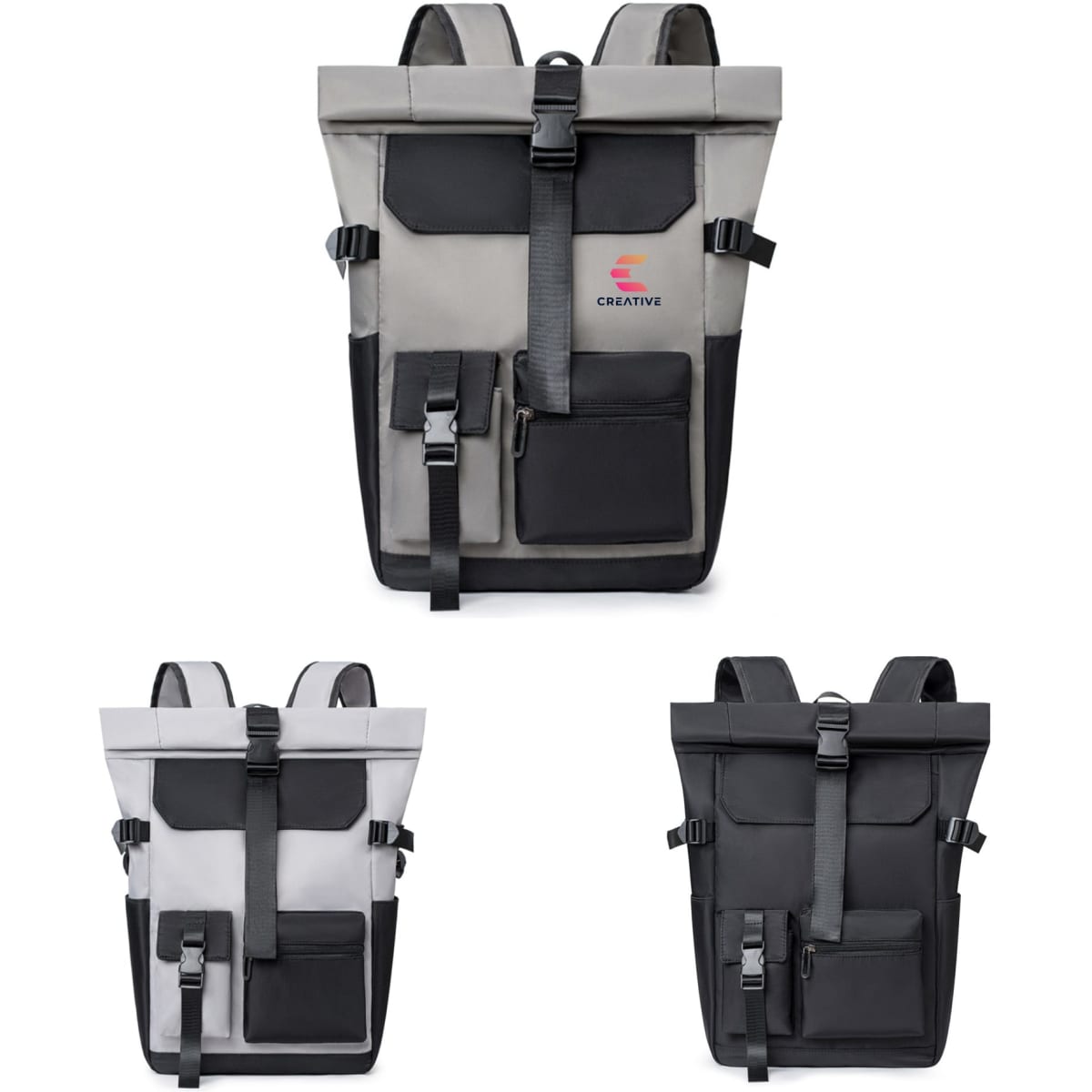 A roll top backpack featuring multiple pockets, available in grey and black with adjustable straps and a logo.