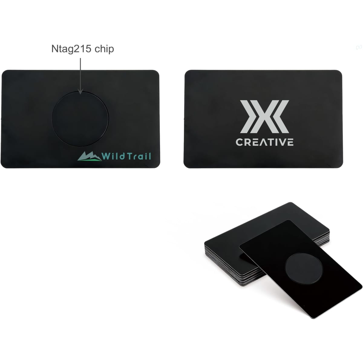 A black metal business card featuring a round chip, with a logo on one side and a plain back.