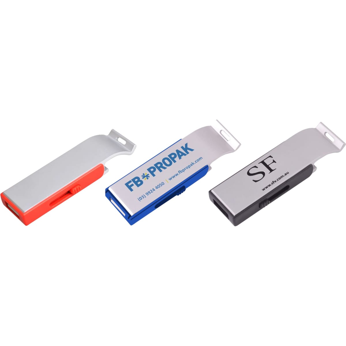 A drink bottle opener with a metallic finish, featuring red, blue, and black colour options, serves as a flash drive.