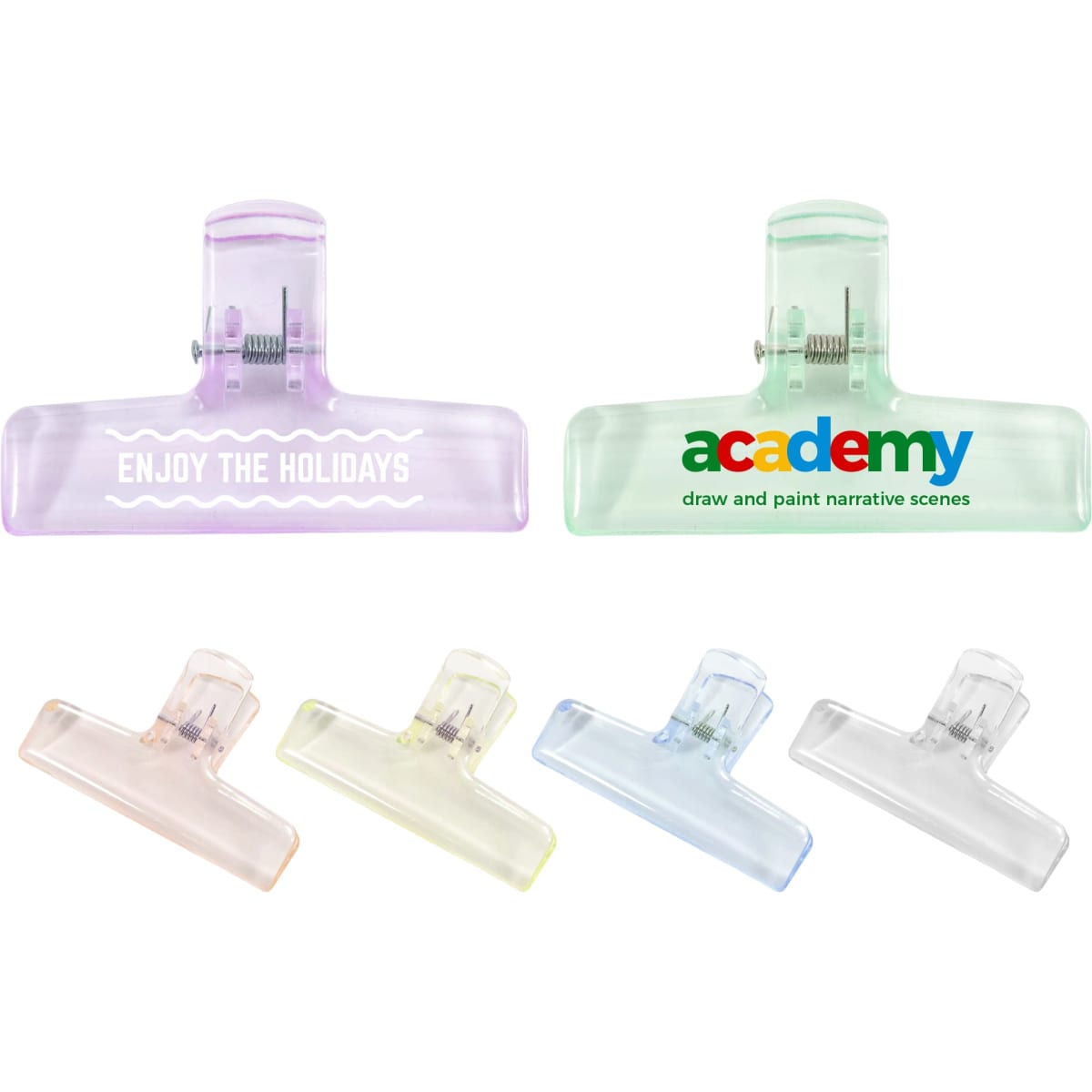 A set of translucent plastic clips in purple, green, yellow, and clear, featuring various logos and designs.