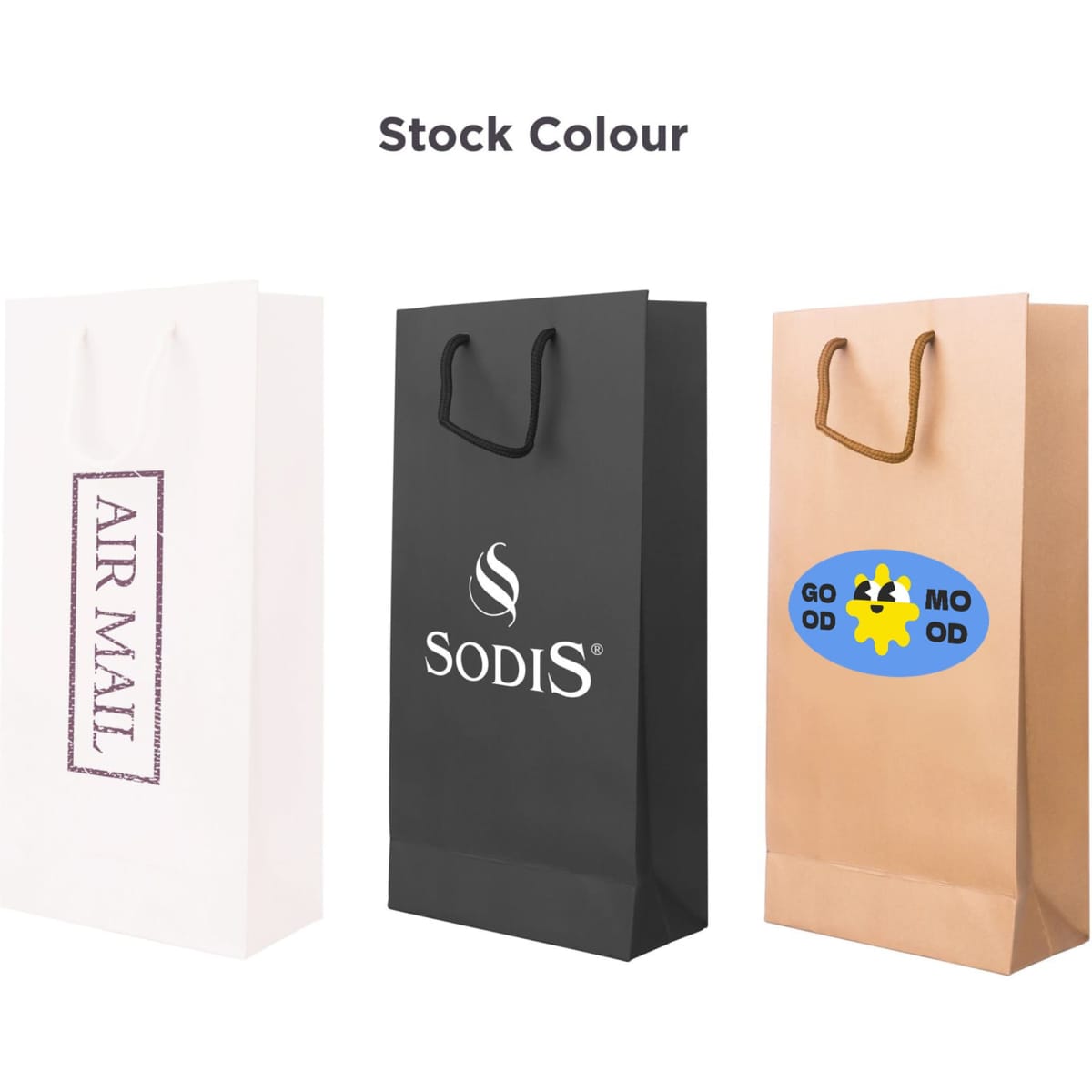A drink bottle paper bag in white, black, and kraft brown with handles and various logos. Dimensions: 175x360x85mm.
