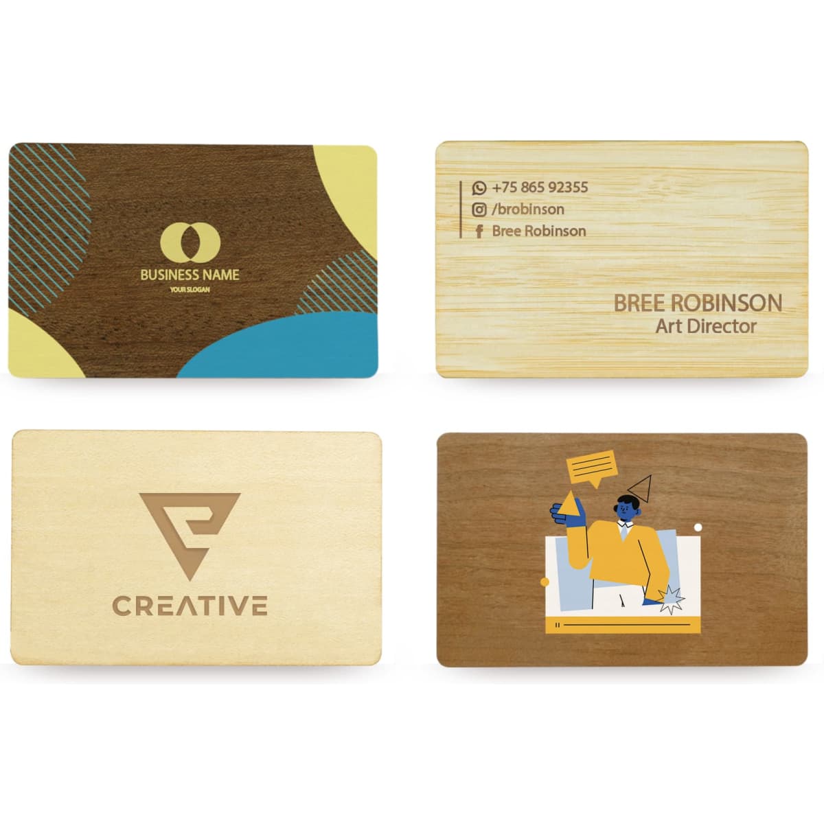 A collection of bamboo business cards, featuring different designs, colours, and a logo on one card.