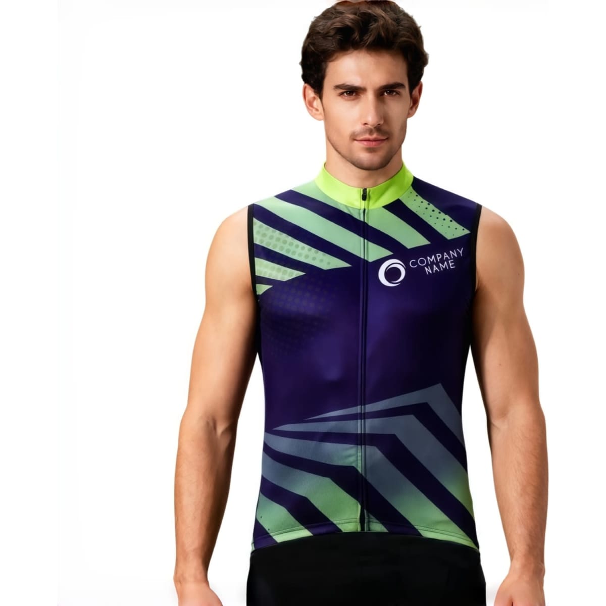 A men's sleeveless cycling vest in purple and green, featuring a geometric design and a logo.