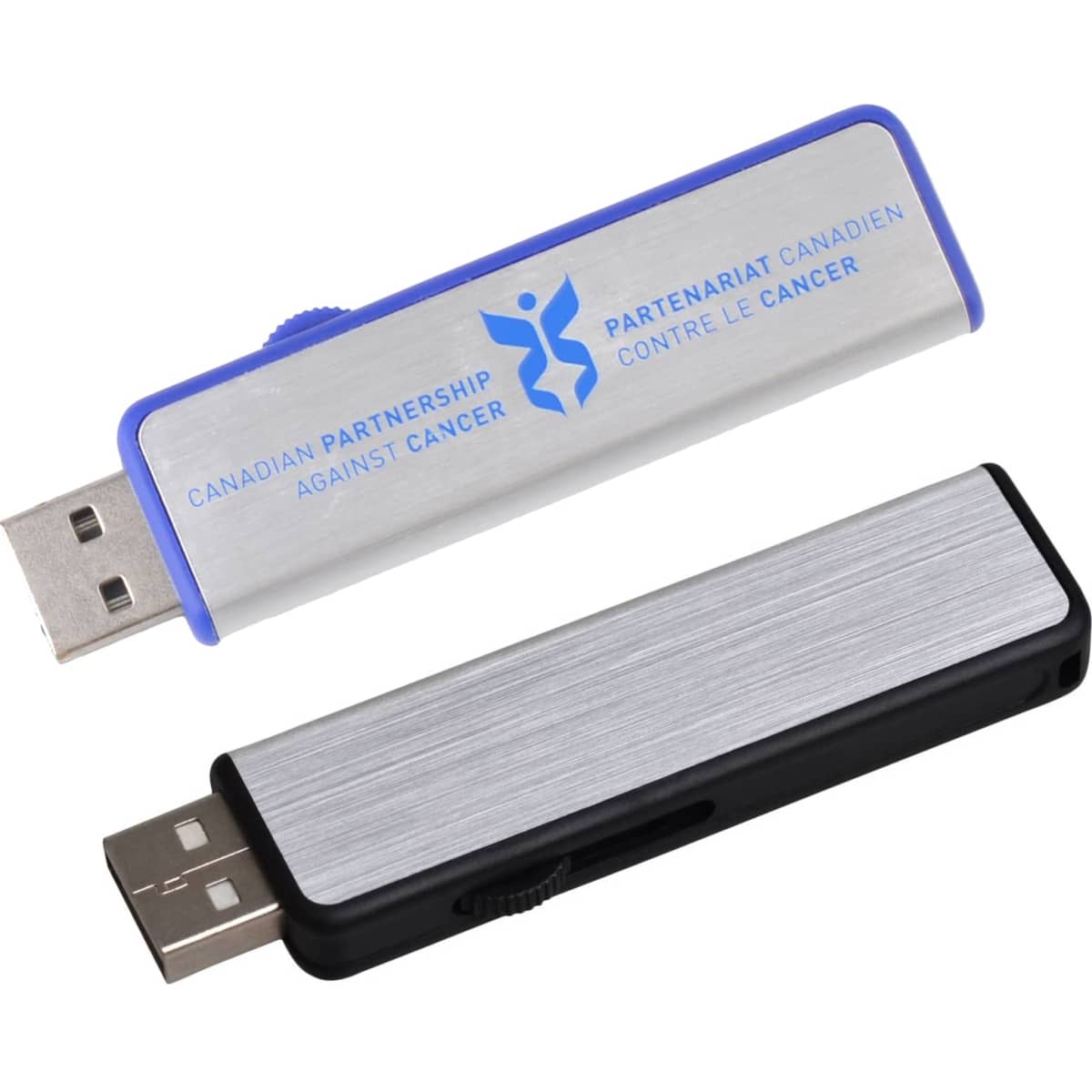 A silver and blue flash drive alongside a black and silver flash drive, both featuring a logo.