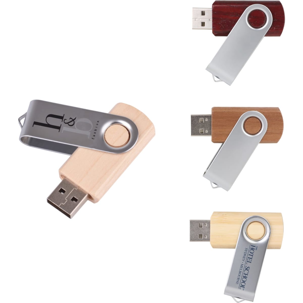 A collection of metal swivel wooden flash drives in various wood tones, featuring a metallic swivel and a logo.