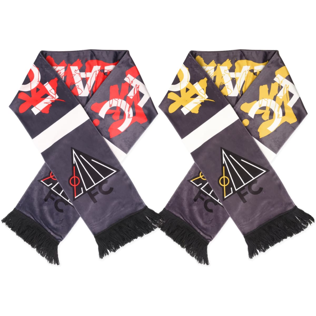 A silver and black velvet scarf with decorative patterns in red, yellow, and white, featuring a logo at one end.