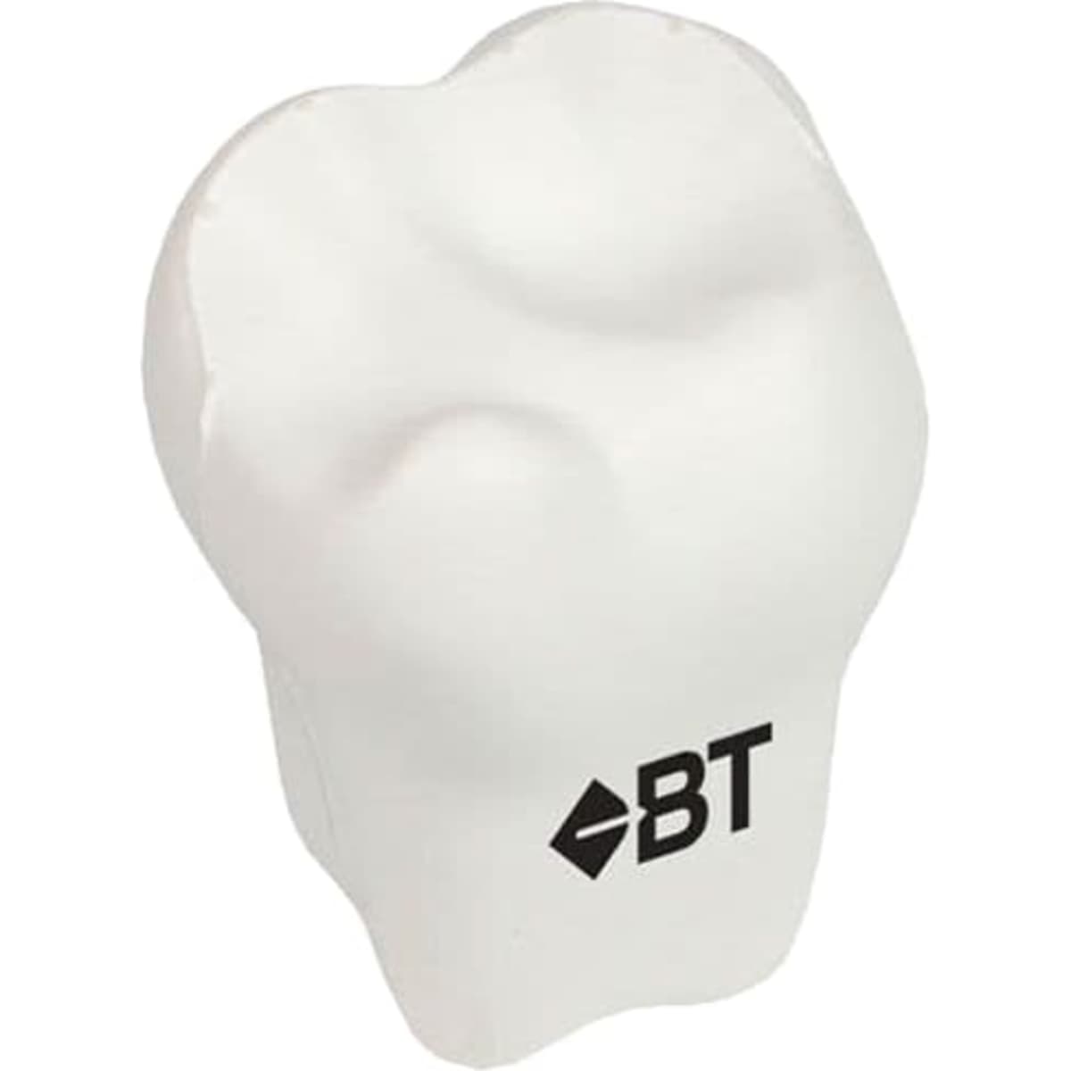 A white tooth-shaped stress reliever with a logo, designed as a fun keyring accessory.