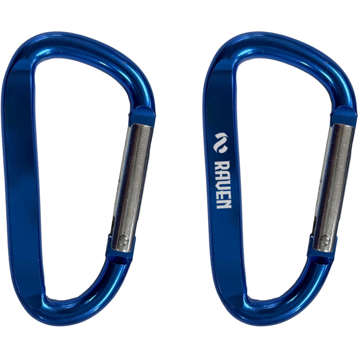 Two blue 8cm carabiners with a silver latch, featuring a logo on one side.