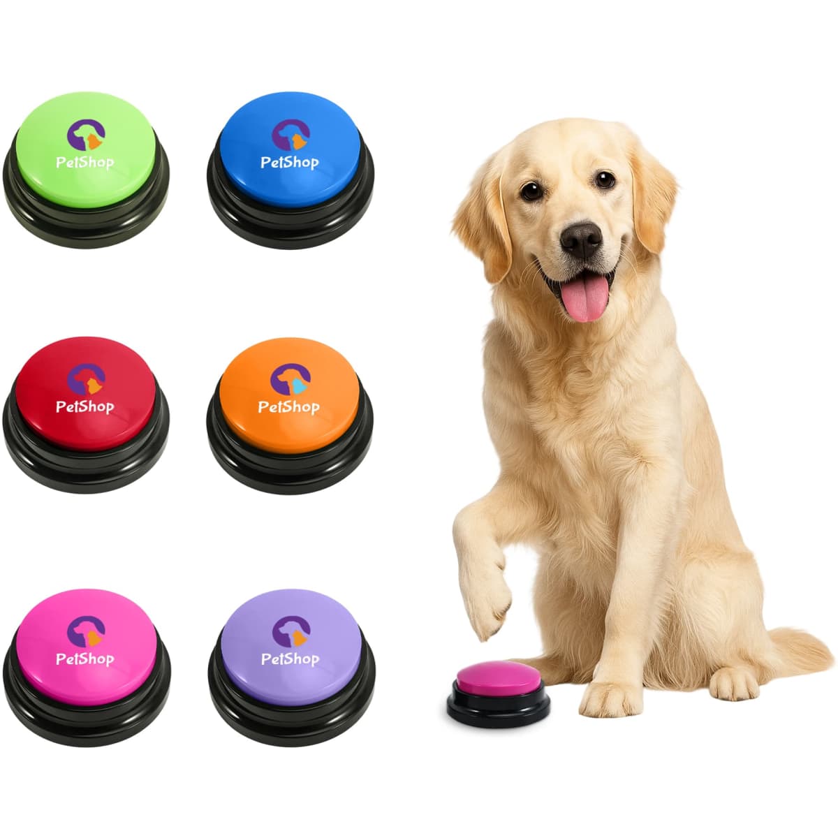 A collection of colourful voice recording buttons in blue, pink, purple, and orange, next to a golden retriever.