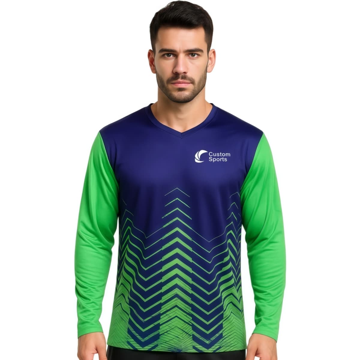 A long-sleeve V-neck shirt featuring a gradient design in navy blue and green, with a logo on the chest.