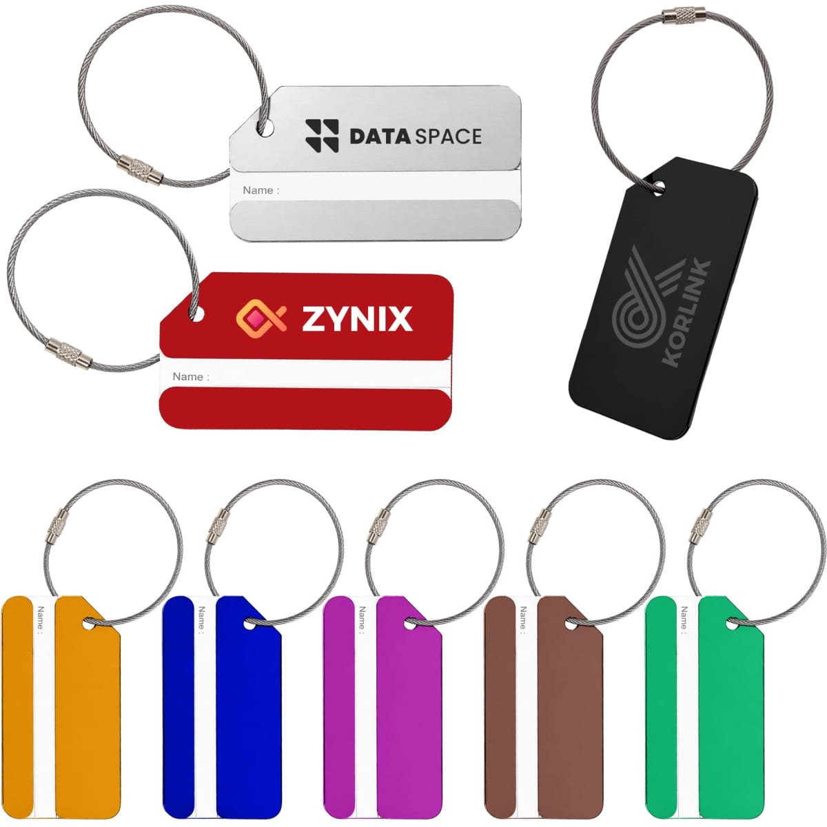 Square aluminium luggage tags in various colours, featuring keyrings and logos. Tags include space for name detail.