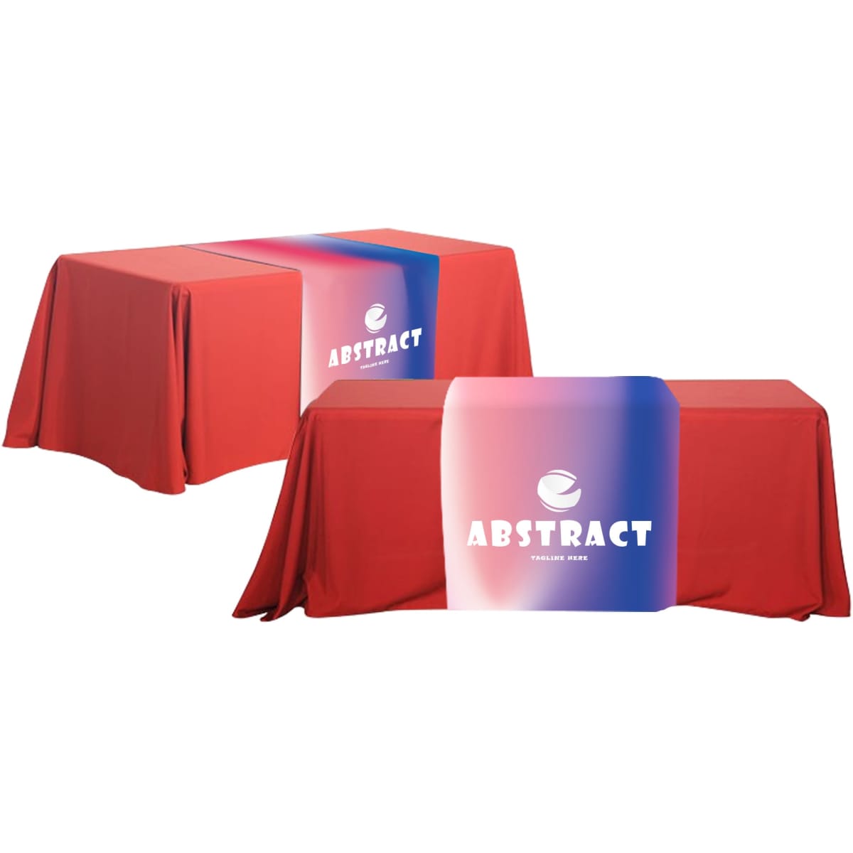 A large red table runner with a central graphic featuring branding and a gradient design.