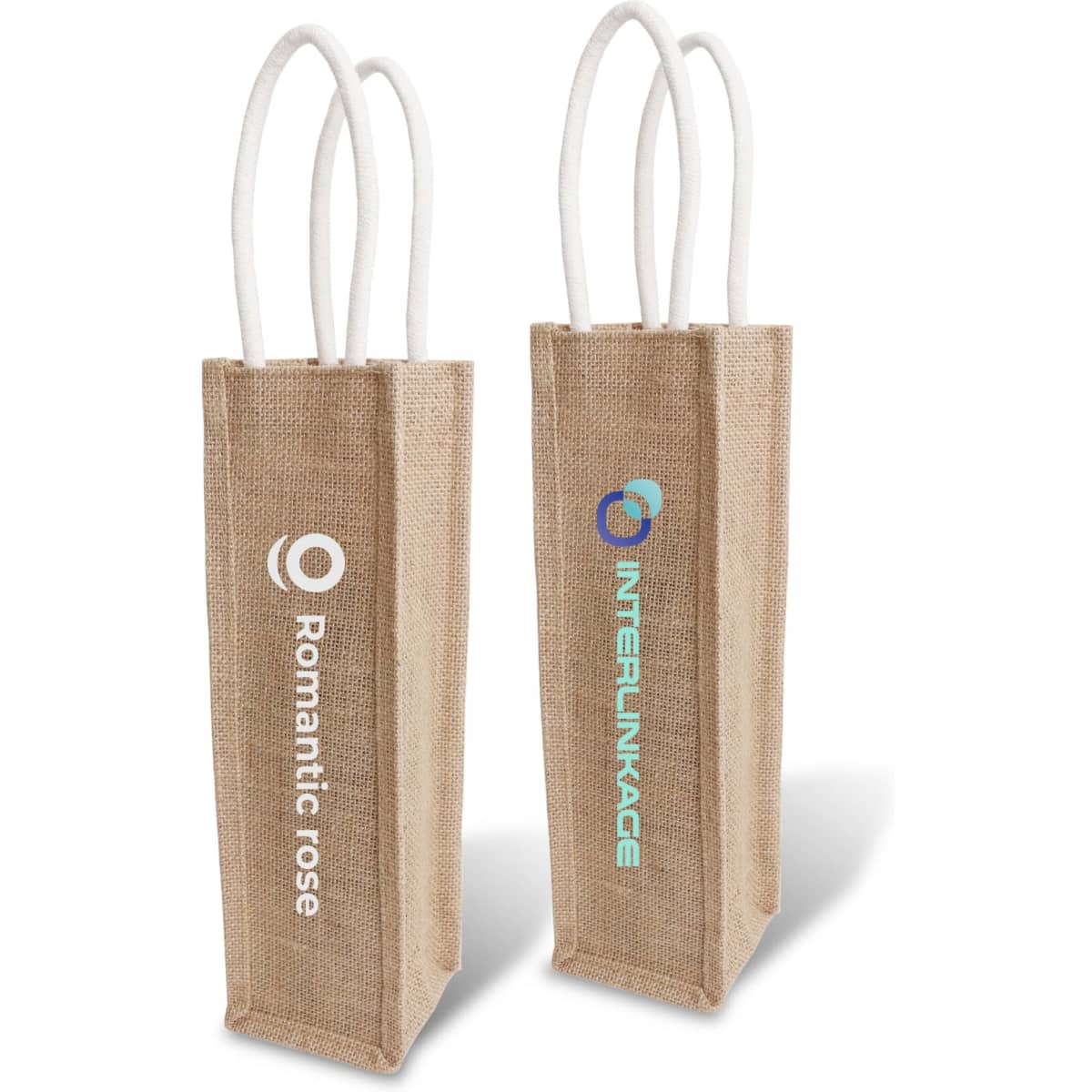 A jute wine carrier in natural brown featuring two compartments and white rope handles, with a logo.