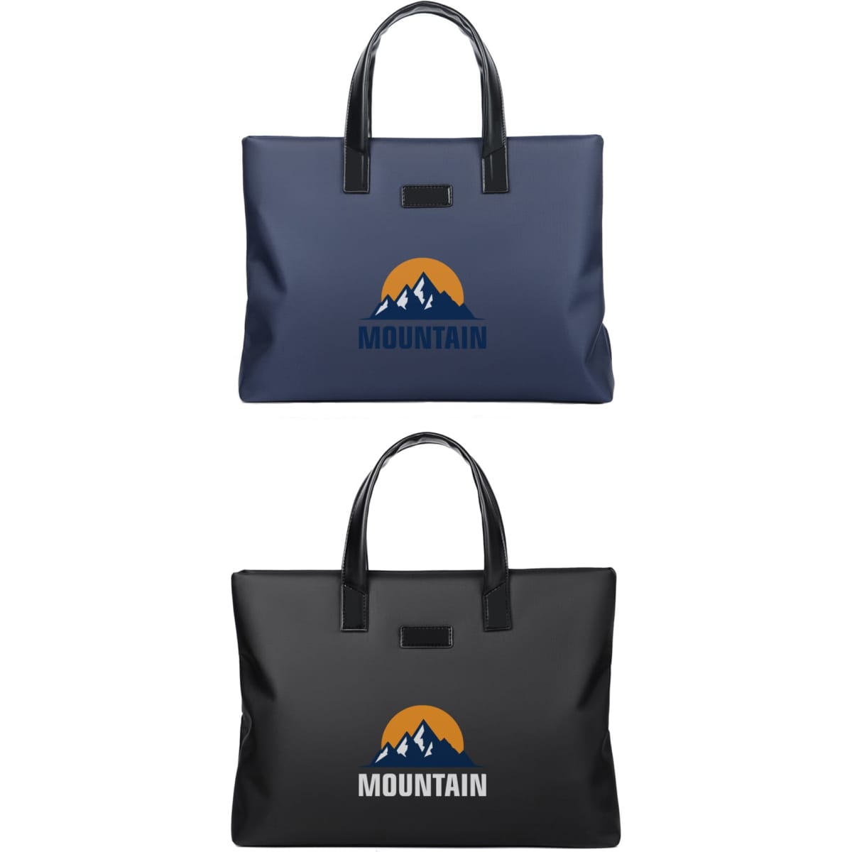 A nylon briefcase in navy blue and black, featuring a logo with a mountain design and sturdy handles.
