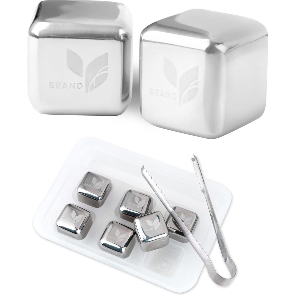 A stainless steel ice cube set featuring six silver cubes and a pair of tongs, displayed in a transparent tray.