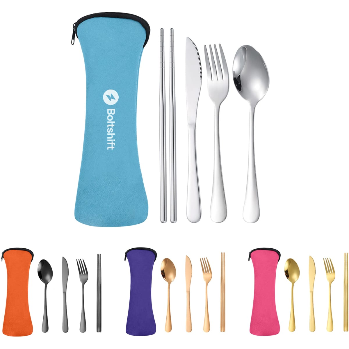 A travel cutlery set including a spoon, knife, fork, and chopsticks in assorted colours and a branded carrying case.