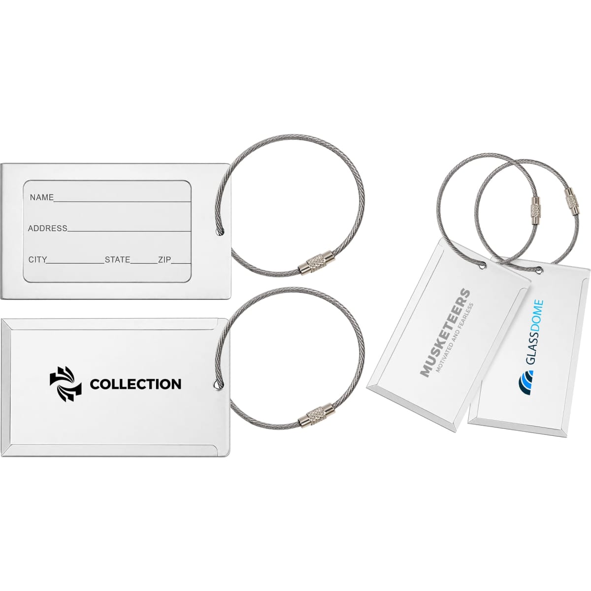 A square aluminium luggage tag in silver with a metal attachment, featuring space for personal details and a logo.