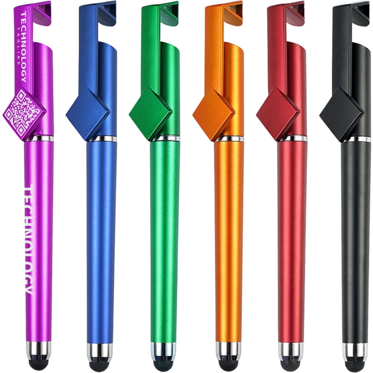 A collection of six 3 in 1 QR Code Pens in purple, green, red, orange, blue, and black, featuring a logo.