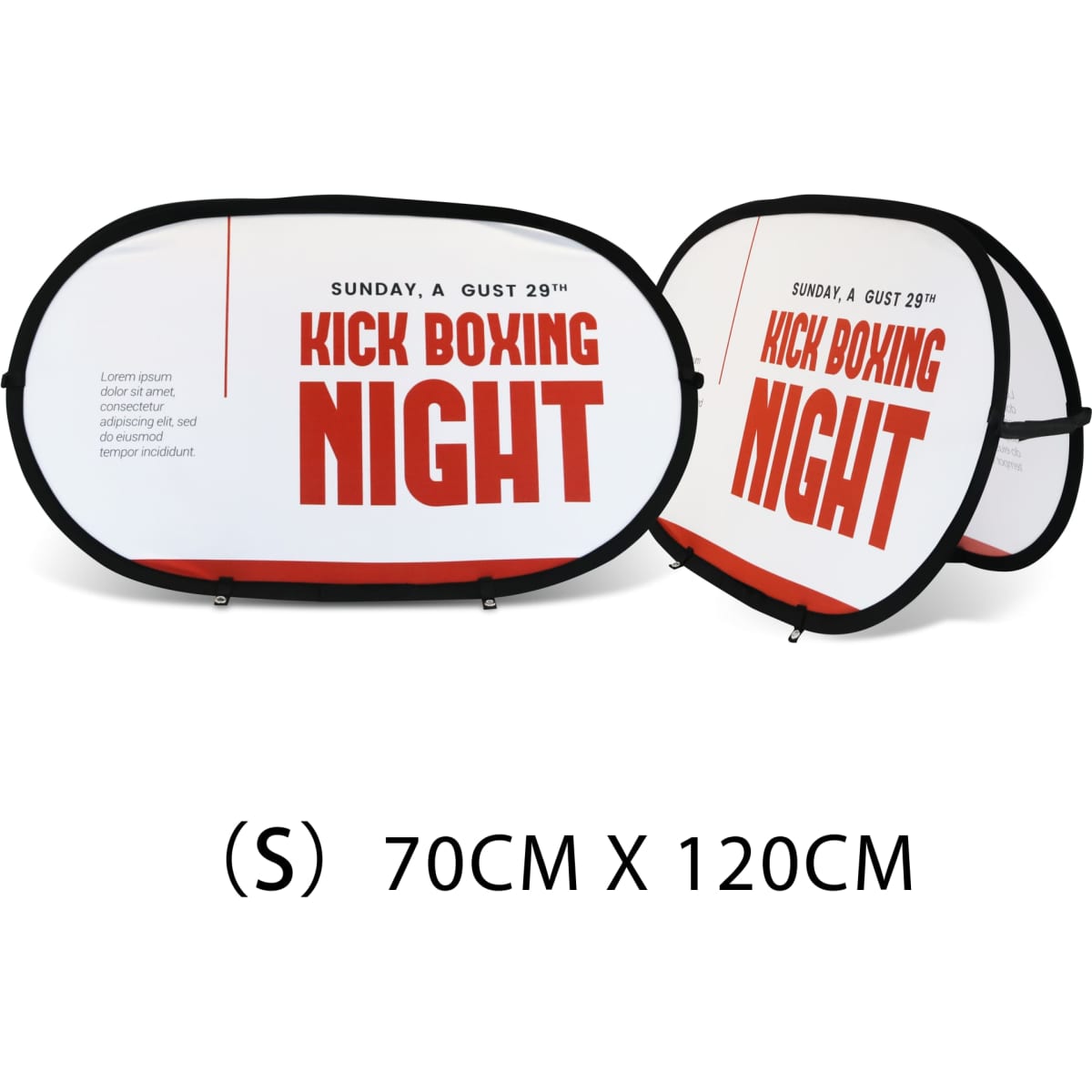 A small horizontal pop-up banner featuring a predominantly white background with red text. It has a black trim and a logo.