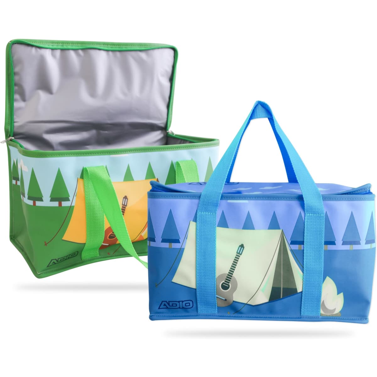 A cooler bag in green and blue, featuring designs of camping tents and trees, with two carry handles.