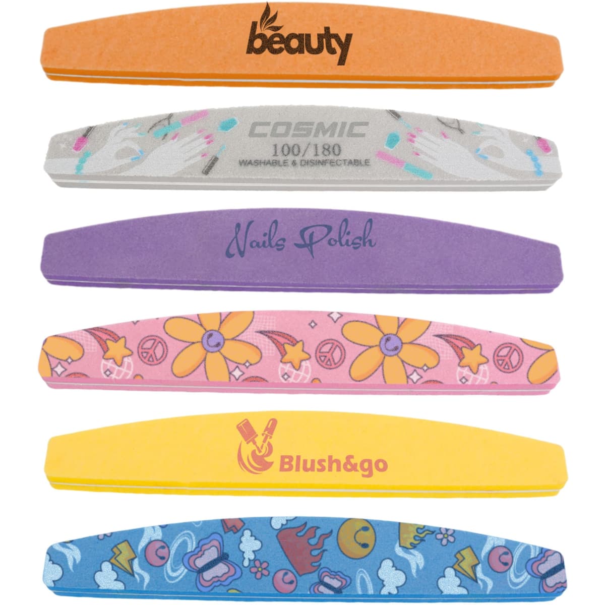A set of colourful half-moon shaped nail files in orange, grey, purple, pink, and yellow, featuring various designs and a logo.