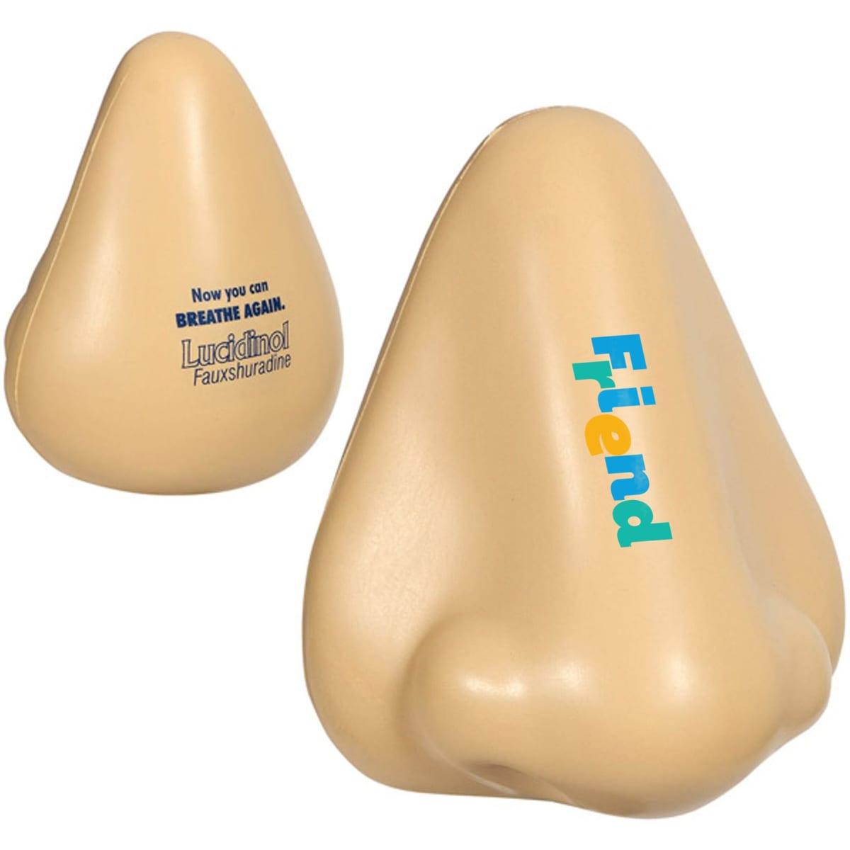 A beige stress reliever shaped like a nose, featuring text and a logo on its surface.