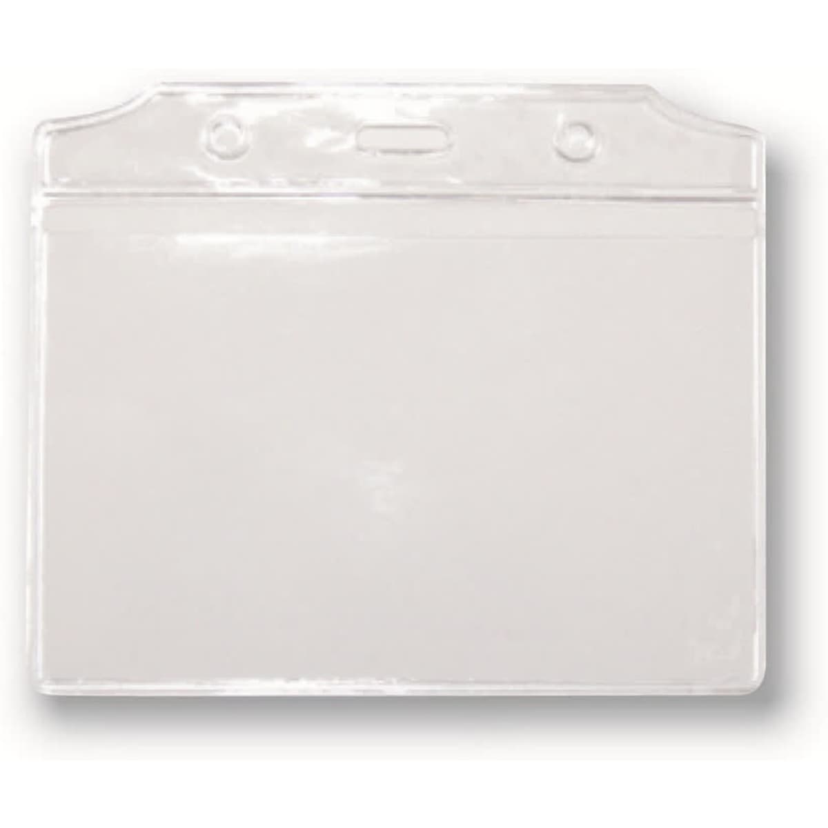 A clear PVC card holder with a top slot and two holes for attachment, suitable for displaying cards.