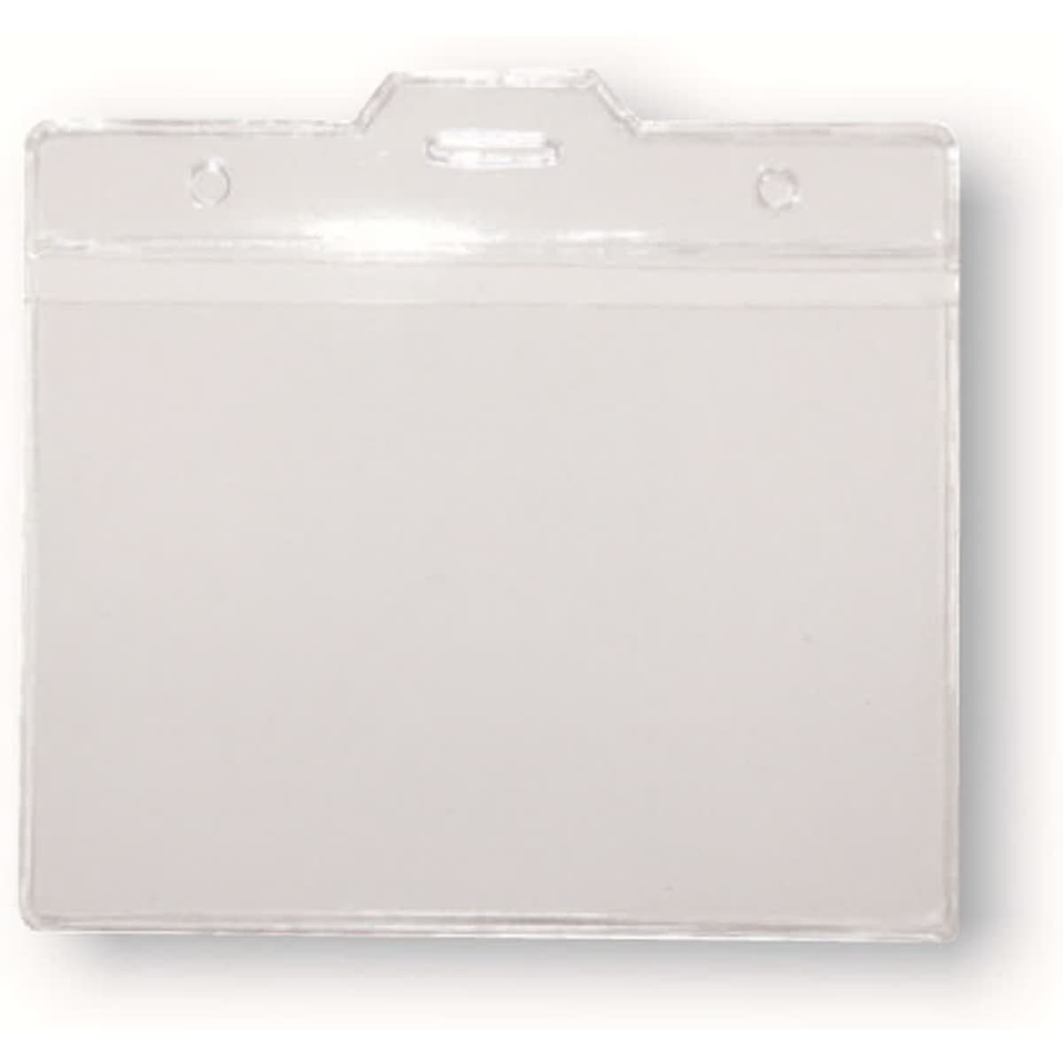 A clear PVC card holder with a top slot for attachment and rounded corners.