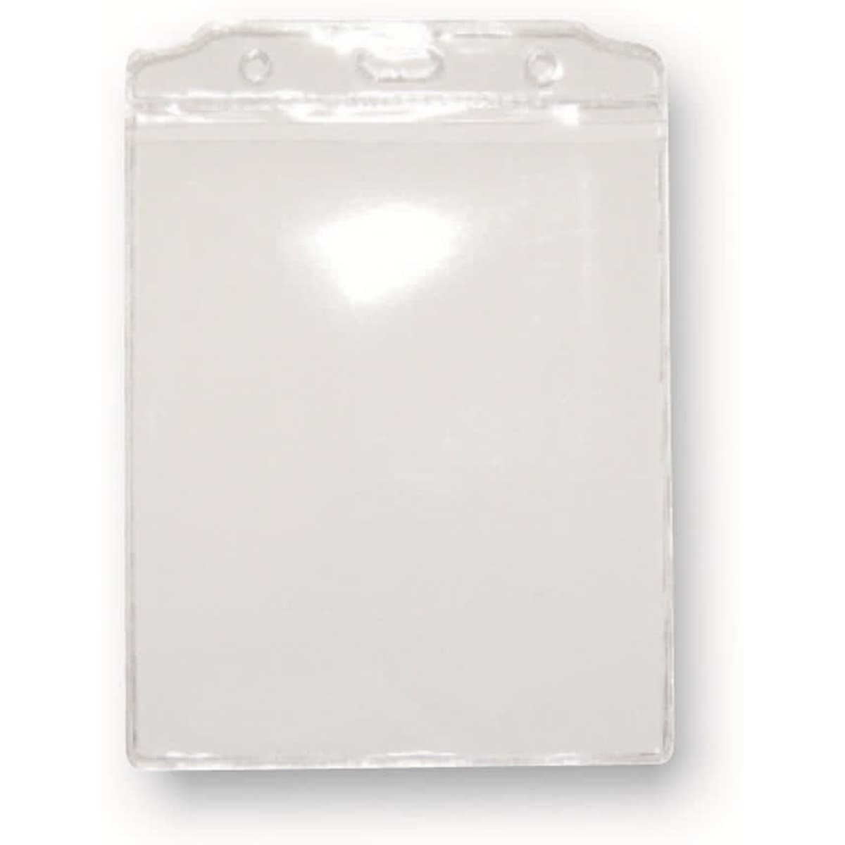 A clear PVC card holder with a top slot for attachment, featuring a simple, transparent design.
