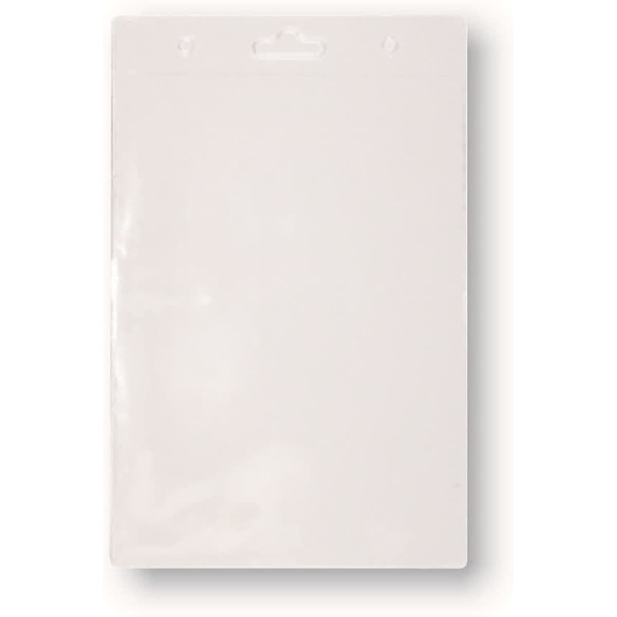 A clear, flat PVC card holder with a top opening and a hanging hole.