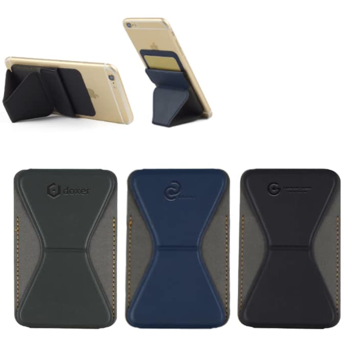 A collection of PU phone stand card holders in green, navy, and black, featuring a logo on some designs.