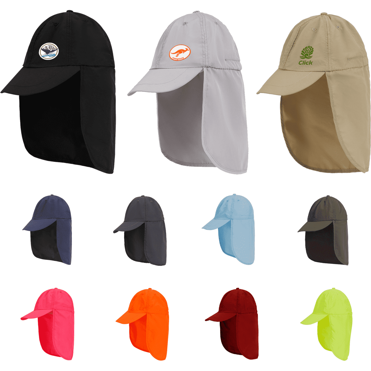 A collection of baseball caps with neck flaps in various colours including black, grey, beige, blue, and orange. Each has a logo.