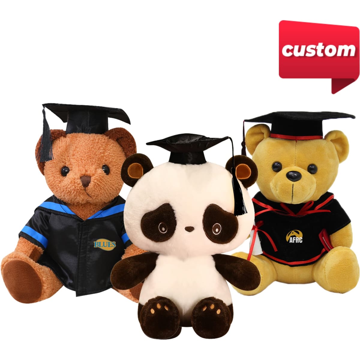 Three plush toys in graduation caps: a brown bear in a blue gown, a panda in white, and a yellow bear in a black gown.