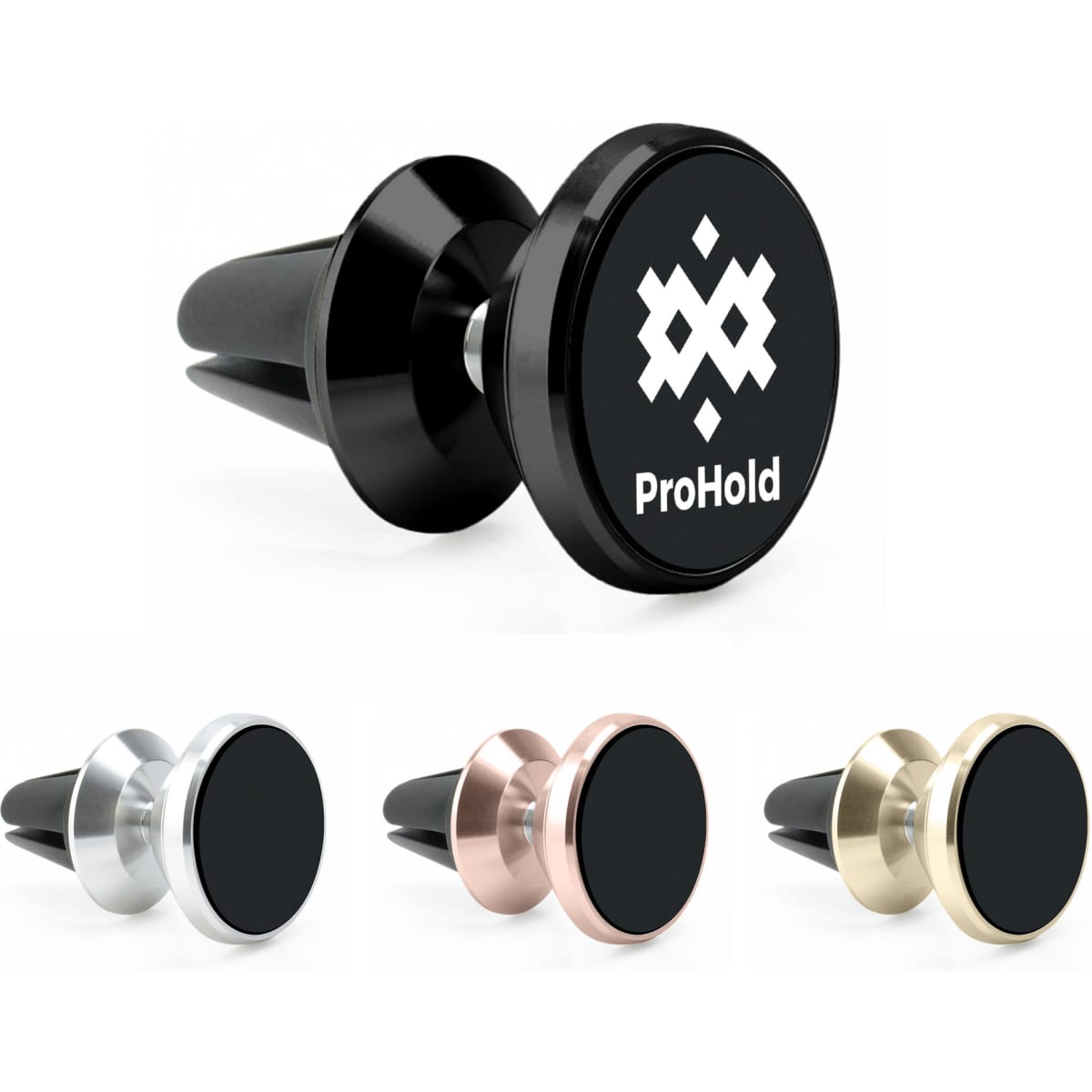 A set of four rotatable car phone holders in black, silver, rose gold, and gold, featuring a logo on the black holder.