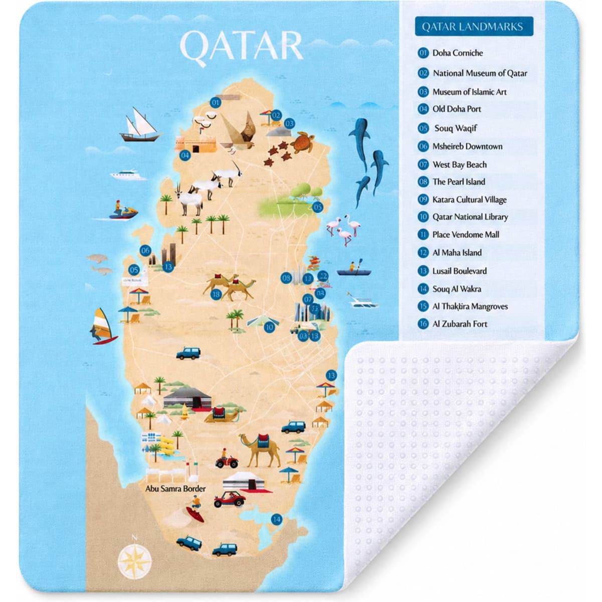 A microfibre cleaning mouse pad featuring a colourful map of Qatar with landmarks and activities illustrated. It has a branding logo.