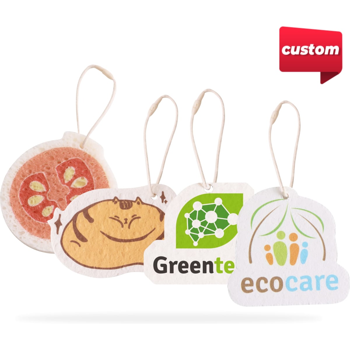 Four custom-shaped air freshener tags in various colours, featuring food and eco-friendly designs, with hanging strings.