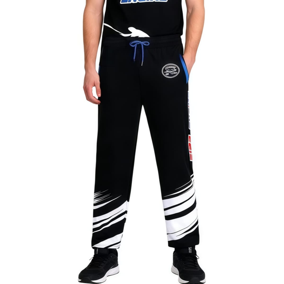 Black track pants featuring a white and blue design, with a logo on the front.