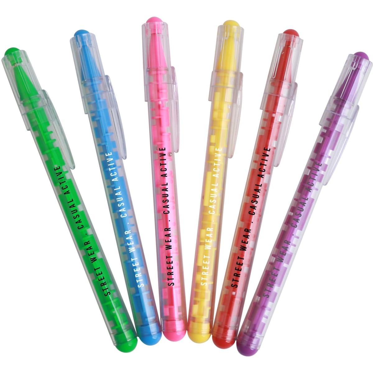 A set of six colourful pens in green, blue, pink, yellow, red, and purple, featuring a transparent design and a logo.
